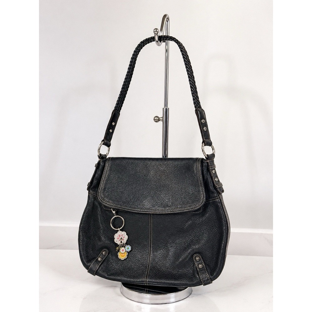 Vintage Brighton Flap Black Pebbled Leather Stitched Shoulder Bag Purse